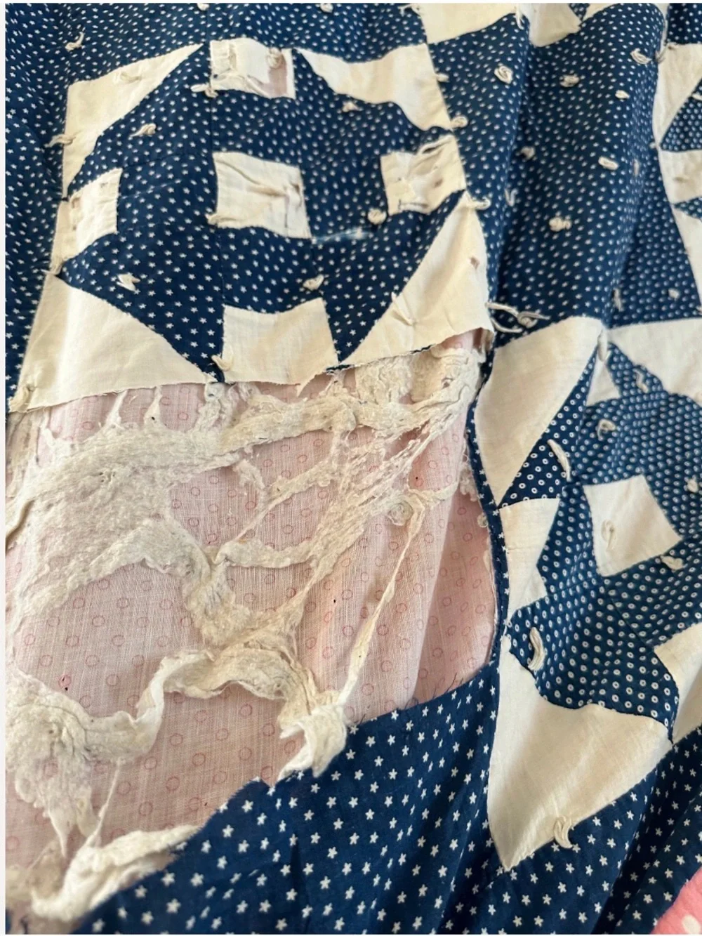 Antique Hole in the Wall Blue and White Patchwork Quilted Blanket